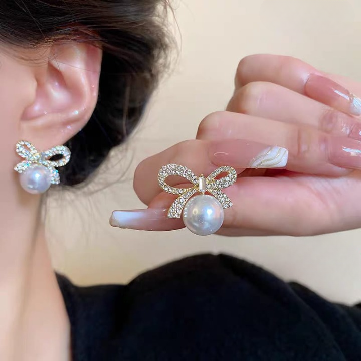 Bow Knot Pearl & Zircon Earrings β Korean Style