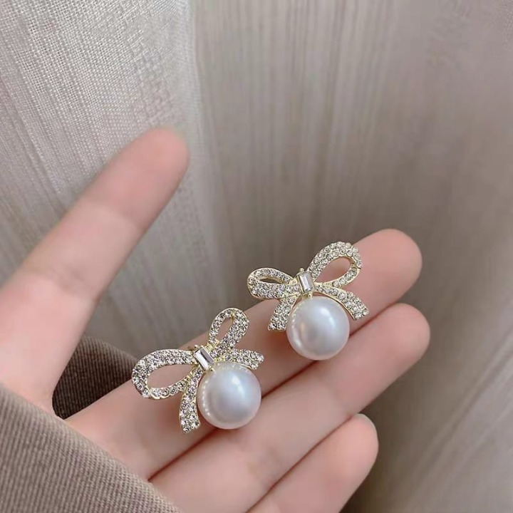 Bow Knot Pearl & Zircon Earrings – Korean Style
