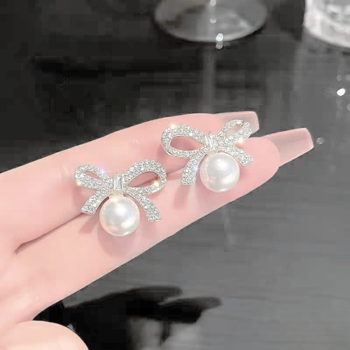 Bow Knot Pearl & Zircon Earrings – Korean Style