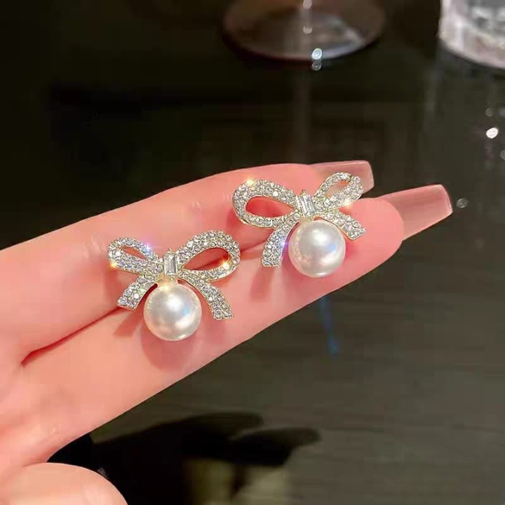 Bow Knot Pearl & Zircon Earrings – Korean Style