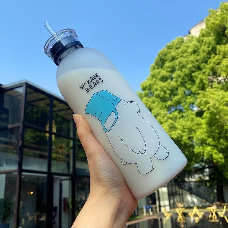 We Bare Bears Panda Water Bottle 1000ml – Dual Cap with Straw