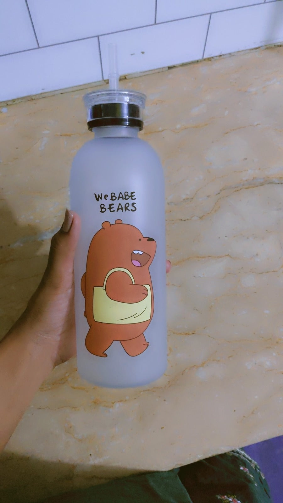 We Bare Bears Panda Water Bottle 1000ml – Dual Cap with Straw