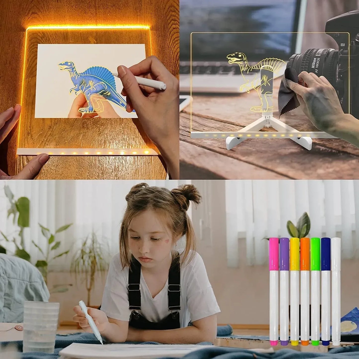 LED Light-Up Writing Board with 7 Neon Markers – Reusable Glowing Message Board